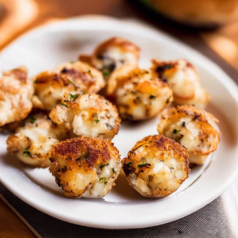 Air Fryer Seafood Stuffed Mushrooms with Oven-Baked Garlic Butter Scallops Crispy, zoomed in to minimize the plate and background, natural light from a window, razor sharp focus on every part of the mushrooms, scallops and stuffing