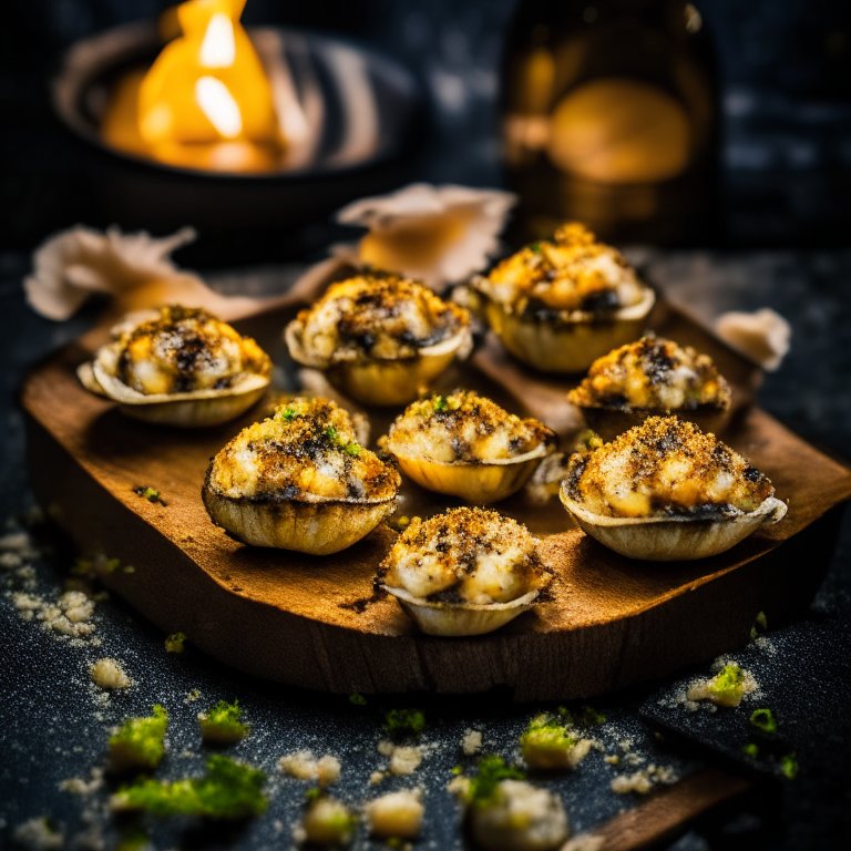 Air Fryer Seafood Stuffed Mushrooms with Oven-Baked Garlic Butter Scallops Crispy, side lit with softbox lights, mid-range aperture, multiple exposures to properly capture the textures and colors of the dish