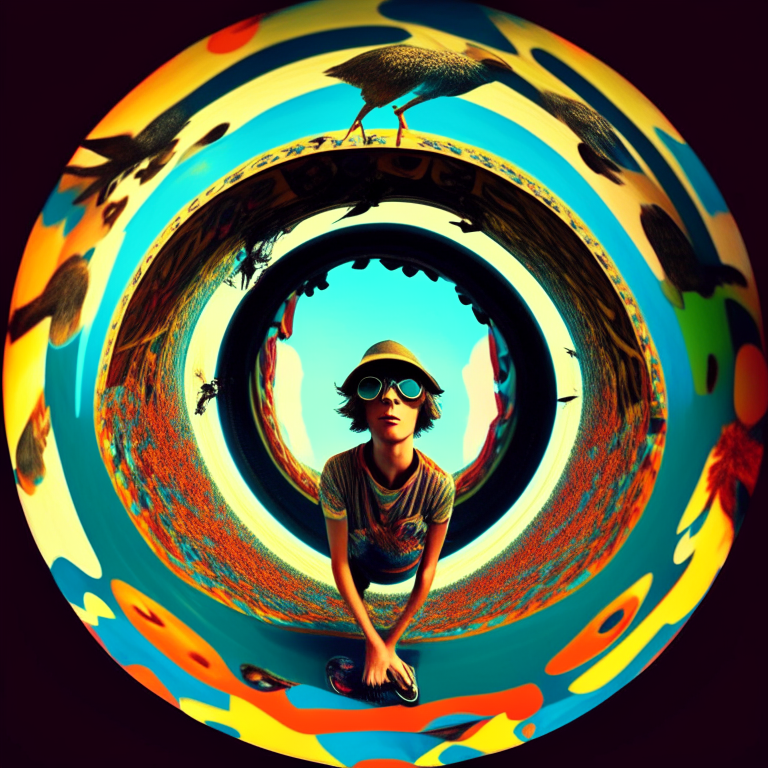  boy_bird. psychedelic surrealism. 180 degree circle around the camera.

