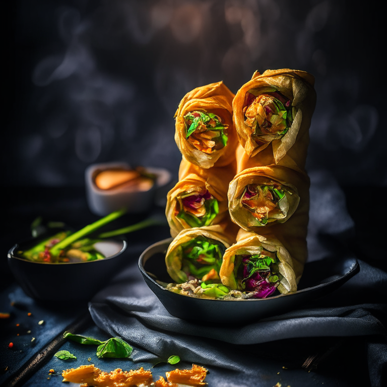 Crispy Air Fryer Veggie Spring Rolls, side lit with softbox lights, mid-range aperture, multiple exposures to properly capture the textures and colors of the dish