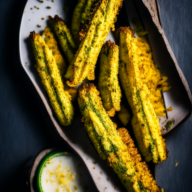 Air Fryer Zucchini Fries, side lit with softbox lights, mid-range aperture, multiple exposures to properly capture the textures and colors of the dish