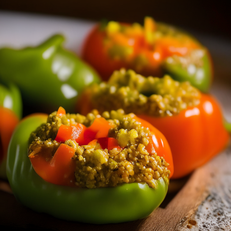 Oven-Baked Stuffed Bell Peppers filling most of the frame,  bright, clear studio lighting, razor sharp focus so every part of the peppers and stuffing is in focus