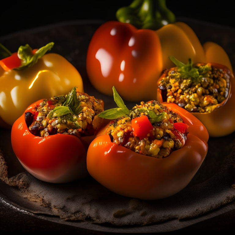 Oven-Baked Stuffed Bell Peppers, side lit with softbox lights, mid-range aperture, multiple exposures to properly capture the textures and colors of the dish