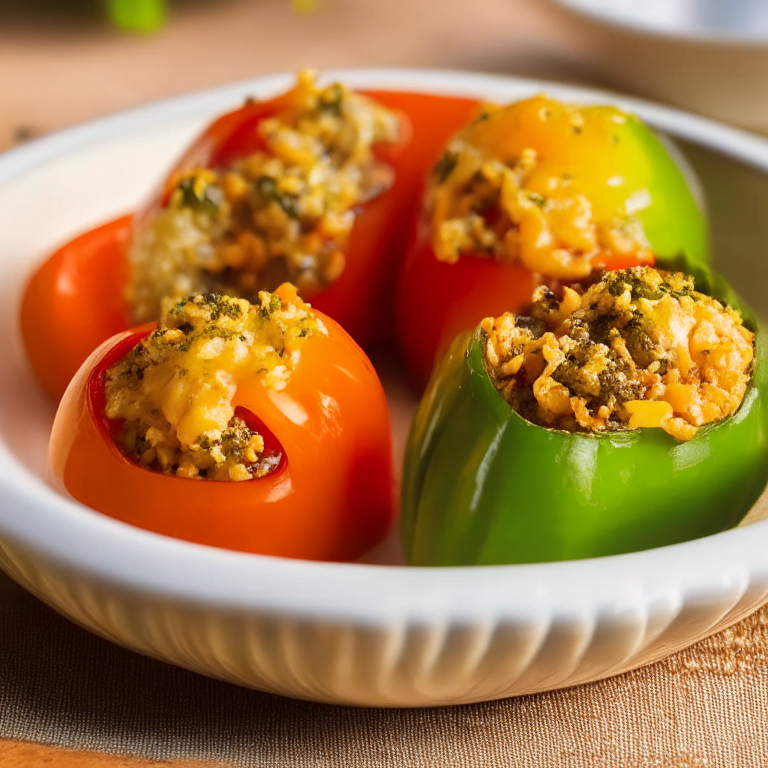 Oven-Baked Stuffed Bell Peppers, zoomed in to minimize the plate and background, natural light from a window, razor sharp focus on every part of the peppers and stuffing