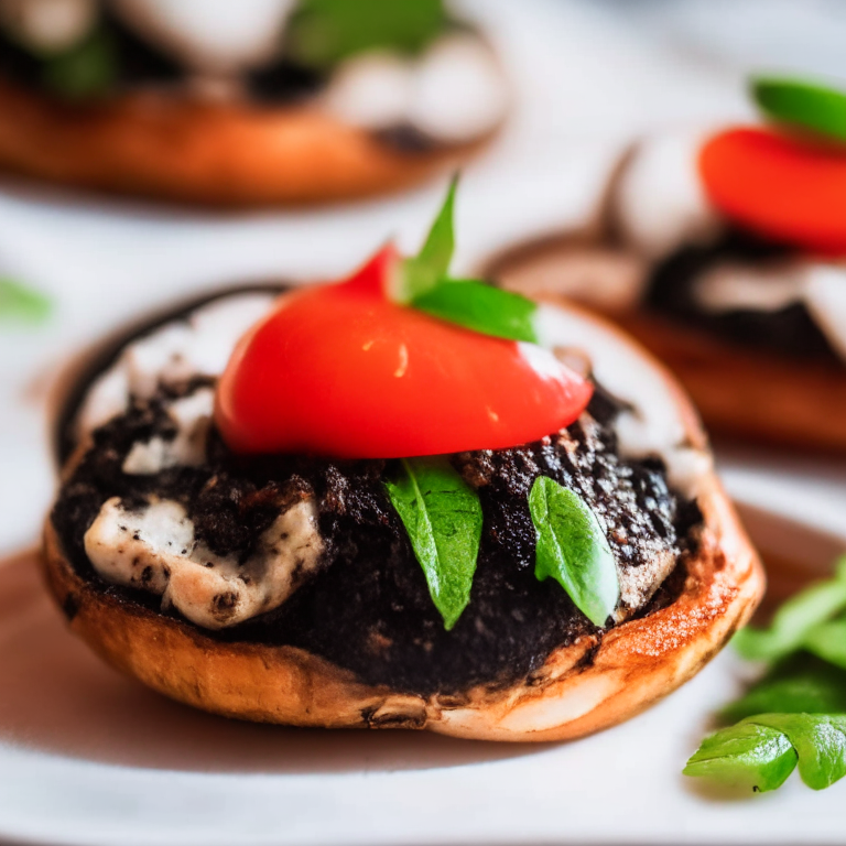 Baked Caprese Portobello Mushrooms, zoomed in to minimize the plate and background, natural light from a window, razor sharp focus on every part of the mushrooms and stuffing