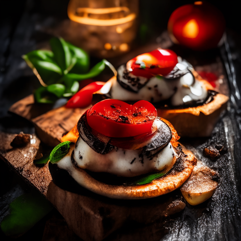 Baked Caprese Portobello Mushrooms, side lit with softbox lights, mid-range aperture, multiple exposures to properly capture the textures and colors of the dish