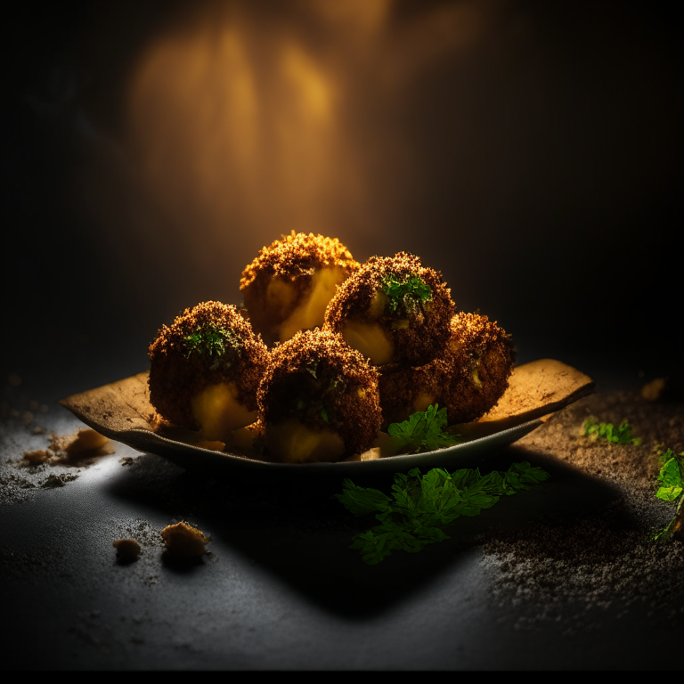 Air Fryer Falafel, side lit with softbox lights, mid-range aperture, multiple exposures to properly capture the textures and colors of the dish