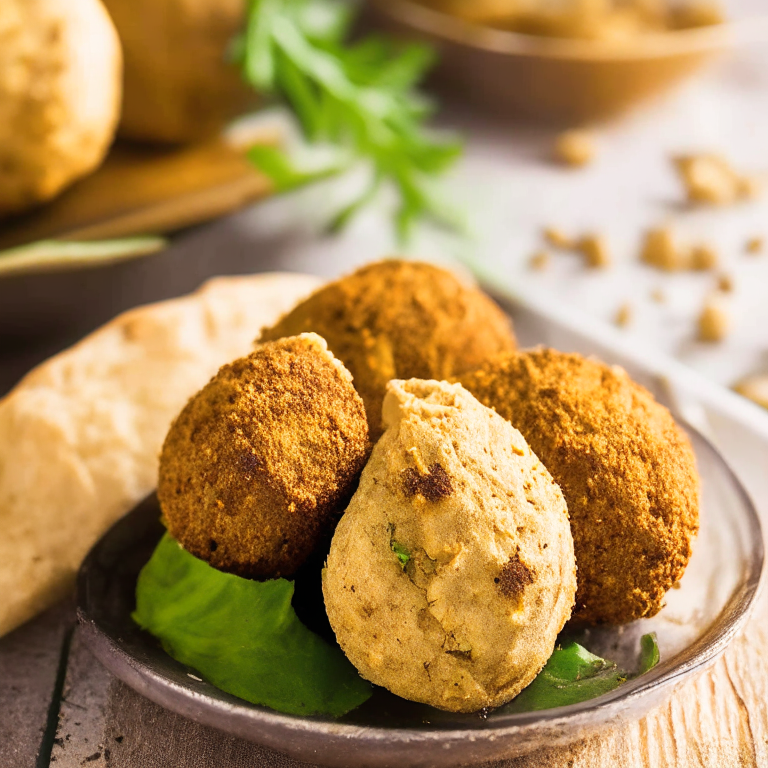 Air Fryer Falafel with Oven-Baked Pita Bread. The falafel have a crisp exterior and moist interior, served with warm pita triangles for dipping. The photo has bright, clear studio lighting and razor-sharp focus on every falafel detail.