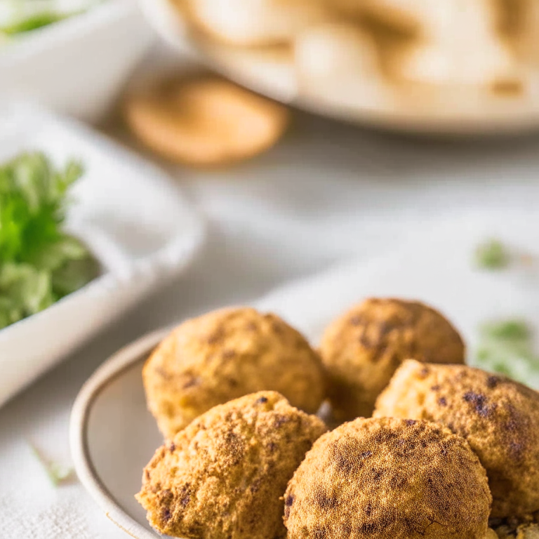 Air Fryer Falafel with Oven-Baked Pita Bread. The falafel have a crisp exterior and moist interior, served with warm pita triangles for dipping. The photo uses natural light by a window for even, soft illumination and razor-sharp focus.