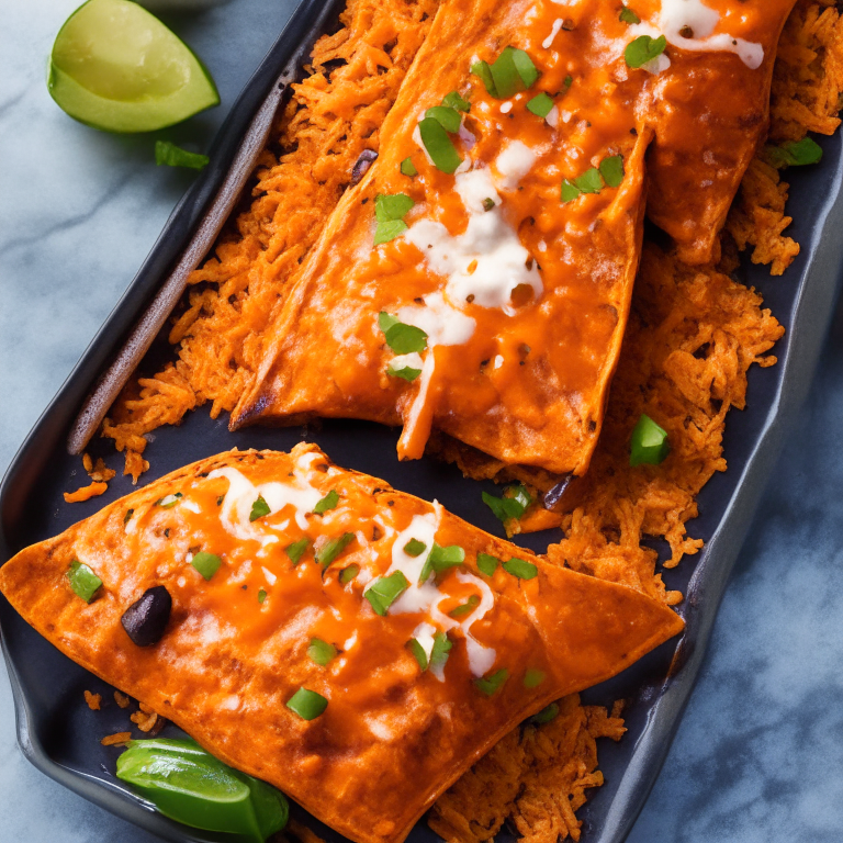 Air Fryer Sweet Potato and Black Bean Enchiladas with Oven-Baked Mexican Rice. The enchiladas are filled with a flavorful mixture of sweet potatoes, black beans, and spices then topped with red enchilada sauce and cheese. The photo has bright, clear studio lighting and razor-sharp focus on every enchilada detail.