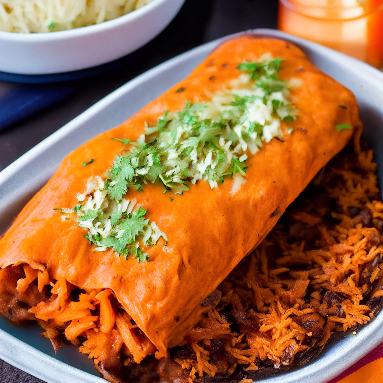 Air Fryer Sweet Potato and Black Bean Enchiladas with Oven-Baked Mexican Rice. The enchiladas are filled with a flavorful mixture of sweet potatoes, black beans, and spices then topped with red enchilada sauce and cheese. The photo uses natural light by a window for even, soft illumination and razor-sharp focus on the enchiladas and rice.