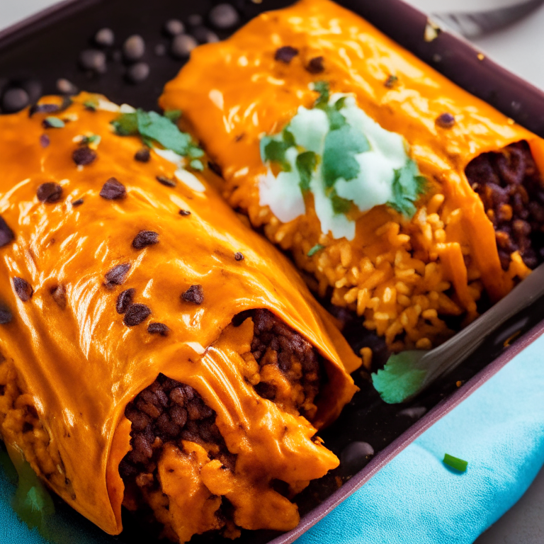 Air Fryer Sweet Potato and Black Bean Enchiladas with Oven-Baked Mexican Rice. The enchiladas are filled with a flavorful mixture of sweet potatoes, black beans, and spices then topped with red enchilada sauce and cheese. The photo has bright, clear studio lighting and razor-sharp focus, tightly framing the enchiladas and rice.