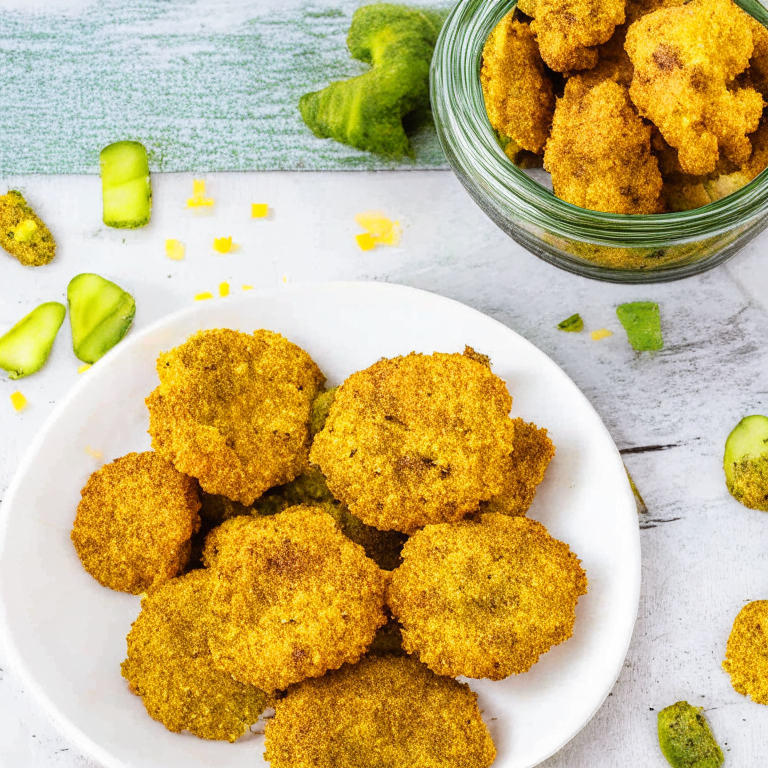 Air Fryer Veggie Nuggets made with cauliflower, chickpea flour and spices, served with Oven-Baked Parmesan Zucchini Chips. The photo fills the frame with the nuggets and chips, minimizing the plate and background.