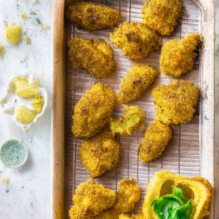 Air Fryer Veggie Nuggets with Oven-Baked Parmesan Zucchini Chips. The photo uses natural light by a window for even, soft illumination and tightly frames the nuggets and chips.