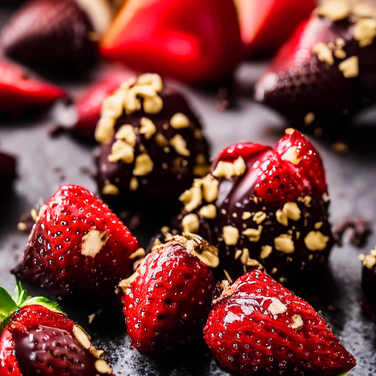 Air Fryer Chocolate Covered Strawberries dipped in melted chocolate and sprinkled with crushed nuts. The photo has bright, clear studio lighting and razor-sharp focus on every strawberry.