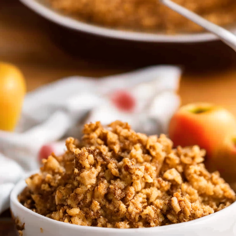 Baked Apple Crisp with oatmeal streusel topping. The photo has bright, clear studio lighting and razor-sharp focus on every apple slice and crisp crumble.