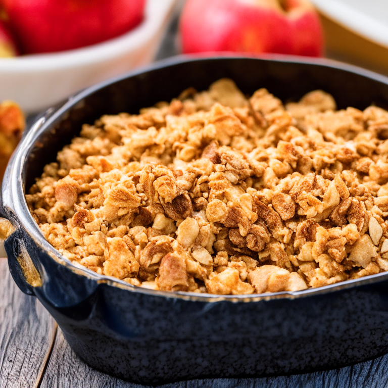 Baked Apple Crisp with granny smith apples, walnuts and oats. The photo has a wide-angle lens and bright, directional lighting to minimize shadows, focusing on the texture of the crisp topping.