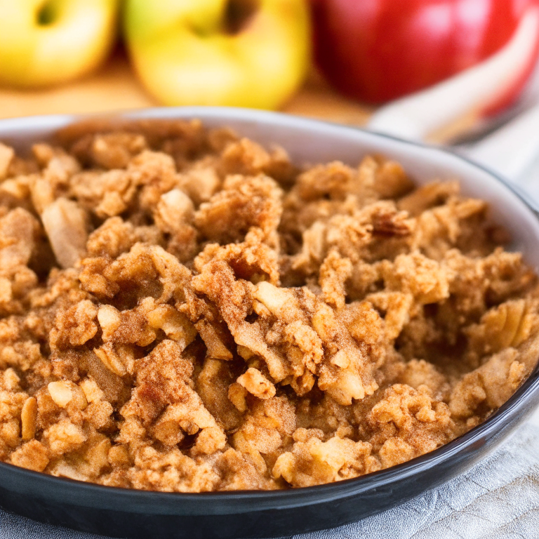 Baked Apple Crisp with cinnamon and nutmeg. The entire dish is in sharp focus, showcasing the golden-brown topping and caramelized apples.