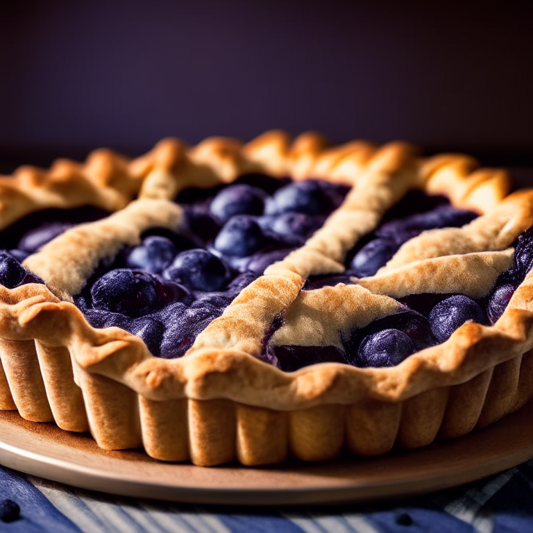 Oven-baked blueberry pie, bright, clear studio lighting, razor-sharp focus on the blueberries and crust