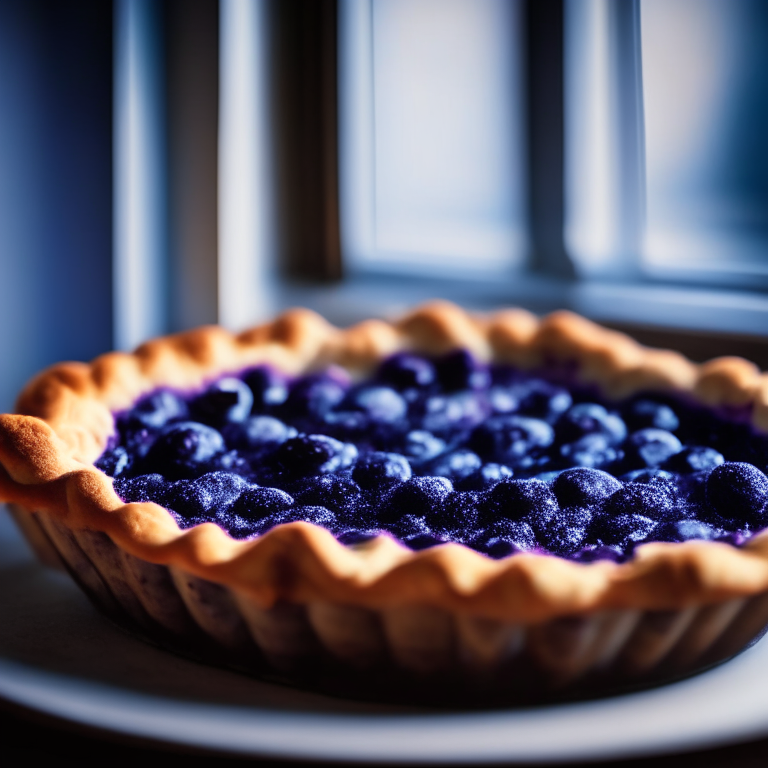 Blueberry pie, natural light from window, in-focus on the whole pie