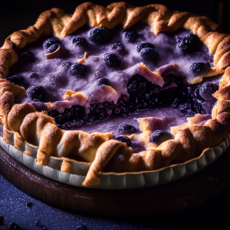 Oven-baked blueberry pie, softbox side lighting, focused on the filling and pie crust