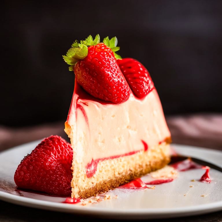 Air fryer cheesecake-stuffed strawberry, softbox side lighting, focused on the strawberry and cheesecake