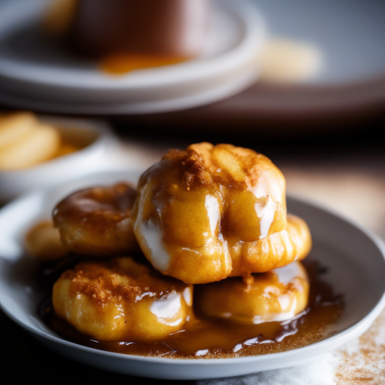 Air fryer banana fritters with salted caramel sauce, bright studio lighting, razor-sharp focus on the fritters