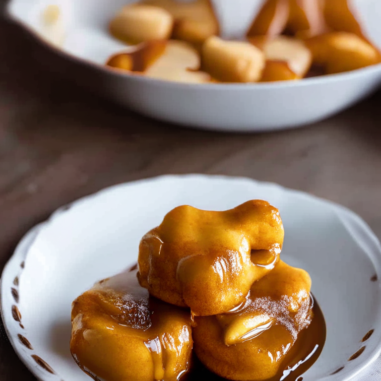 Air fryer banana fritters with salted caramel sauce, natural light from window, in-focus on the whole dish