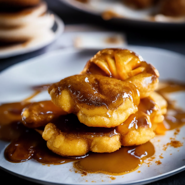 Air fryer banana fritters with salted caramel sauce, softbox side lighting, focused on the fritters and caramel sauce