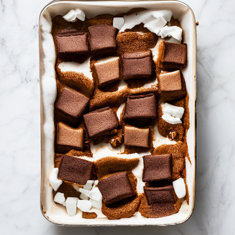 Air Fryer S'mores with Oven-Baked Marshmallow Brownies in a square pan, photographed on a white backdrop under bright, clear studio lighting with razor-sharp focus on the dessert