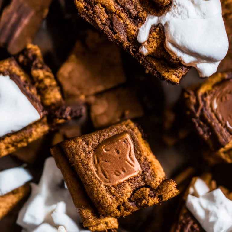 A close-up photo of Air Fryer S'mores with Oven-Baked Marshmallow Brownies under softbox side lighting, focused on the graham crackers, chocolate and gooey marshmallows with every part of the dessert in sharp detail