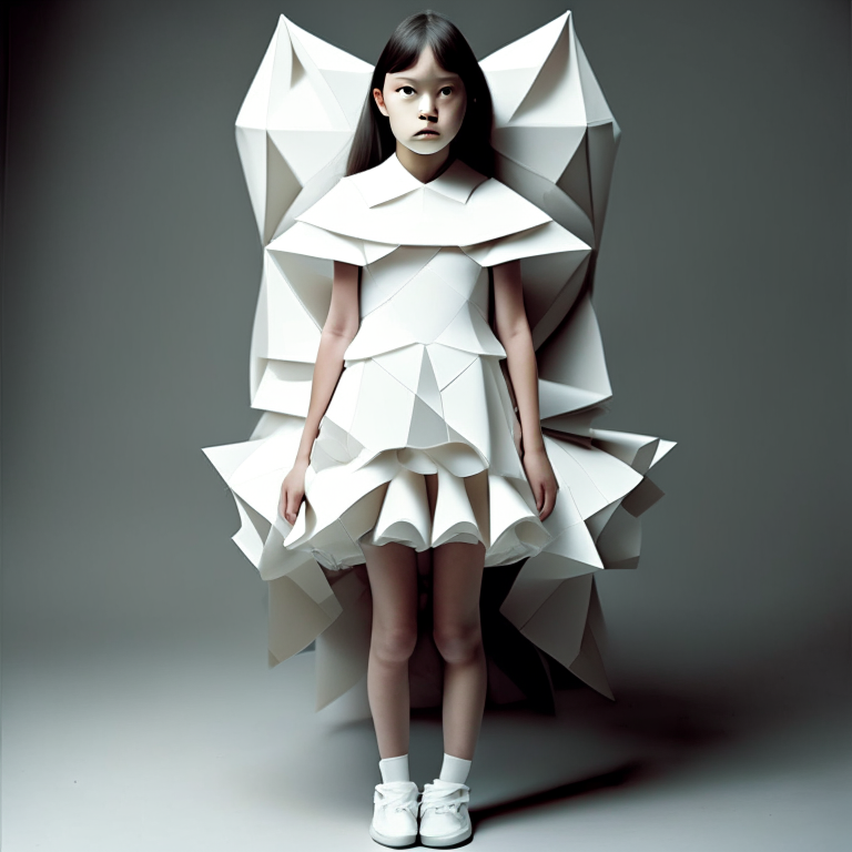 A girl wearing origami white dress  enahanced