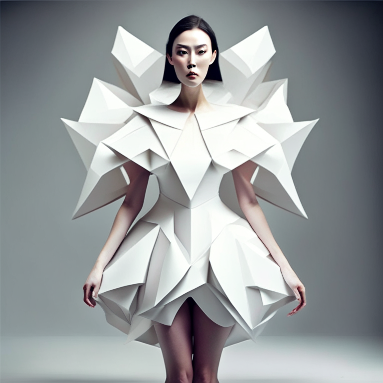 A beautiful woman wearing origami white dress  enahanced