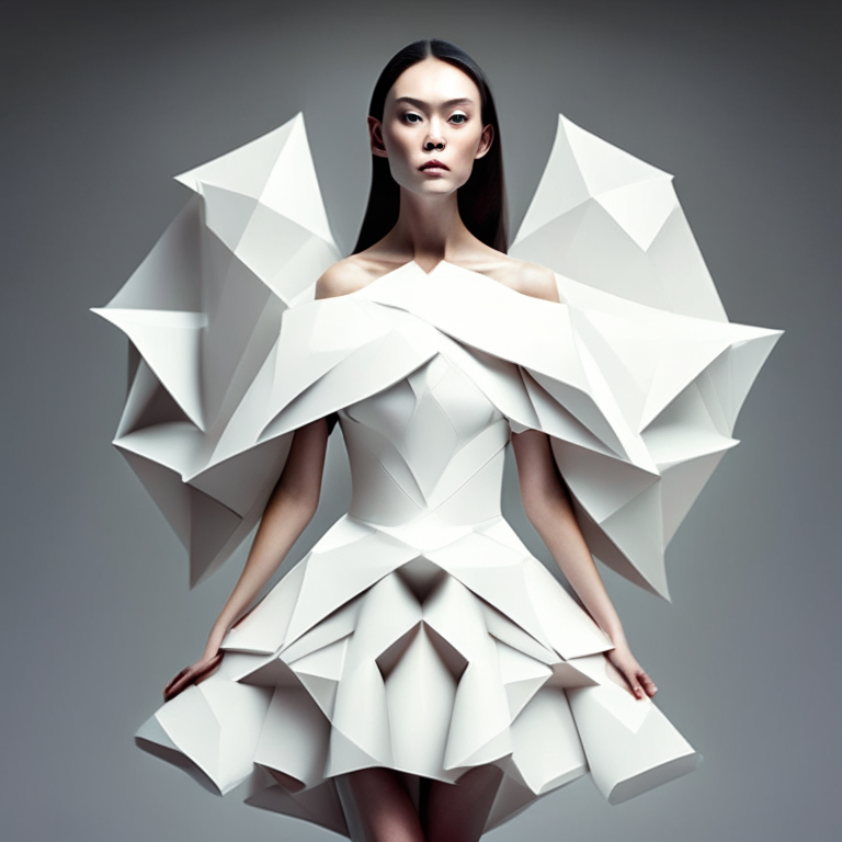 A beautiful woman wearing origami white dress  enahanced