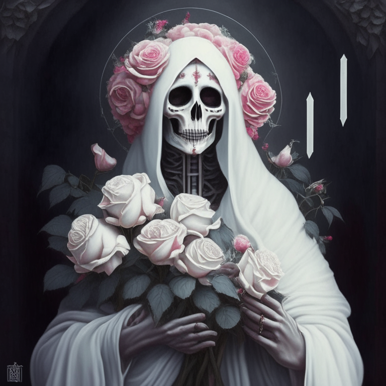 La santa muerte repartiendo rosas blancas a las almas del inframundo
