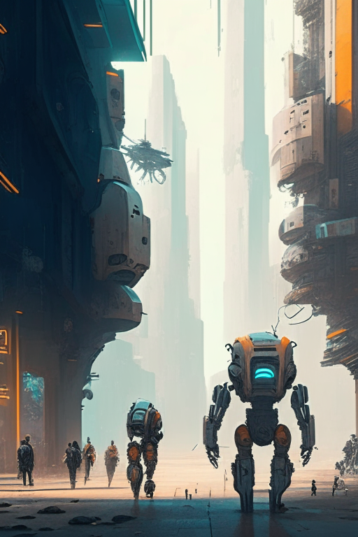 a sci-fi city with robots walking about like people