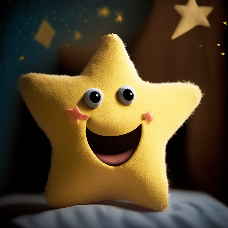 a smiling puppet with two stars in his cheeks