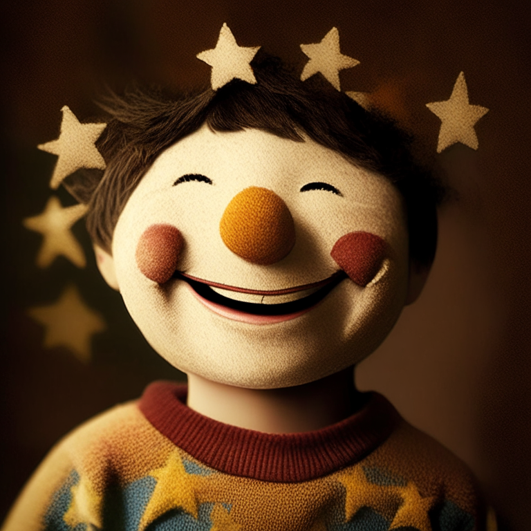 a smiling puppet boy with two stars in his cheeks