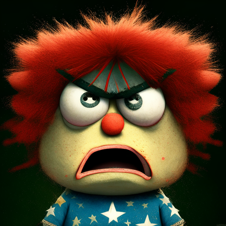  Angry puppet boy with two stars in his cheeks, in each of his eyes has one star, his hair is colorful