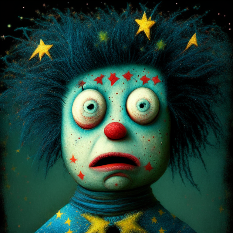 Scary puppet boy with two stars in his cheeks, in each of his eyes has one star, his hair is colorful