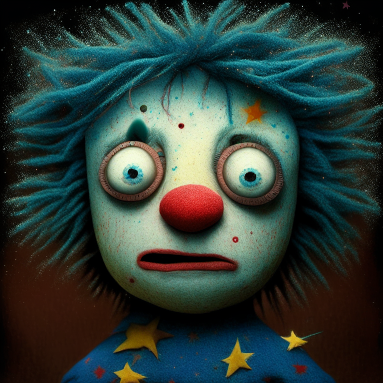 Scary puppet boy with two stars in his cheeks, in each of his eyes has one star, his hair is colorful