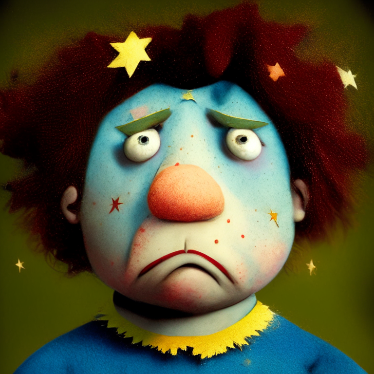 very annoyed puppet boy with two stars in each of his cheeks, in each of his eyes has one star, his hair is colorful