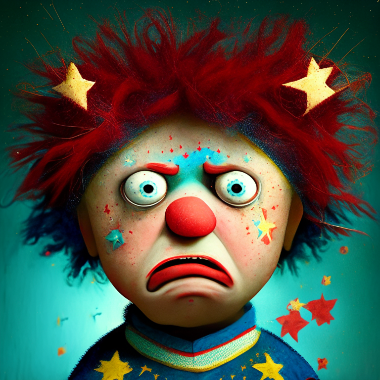 very mad puppet boy with two stars in each of his cheeks, in each of his eyes has one star, his hair is colorful