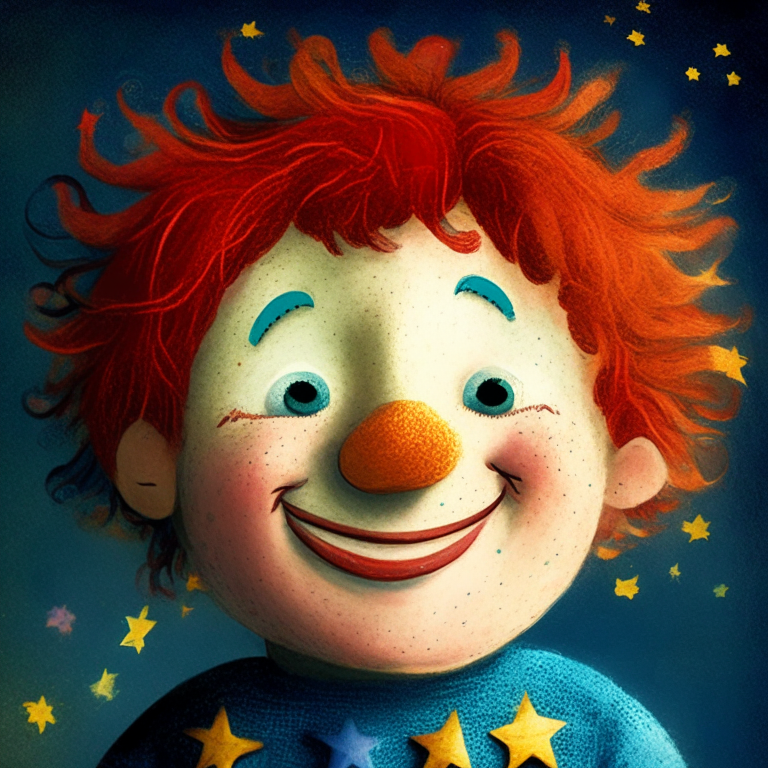 smiling puppet boy with two stars in each of his cheeks, in each of his eyes has one star, his hair is colorful