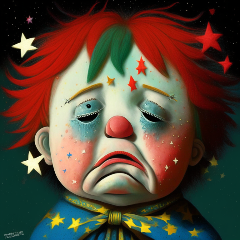 crying puppet boy with two stars in each of his cheeks, has two stars in each of his eyes, his hair is colorful