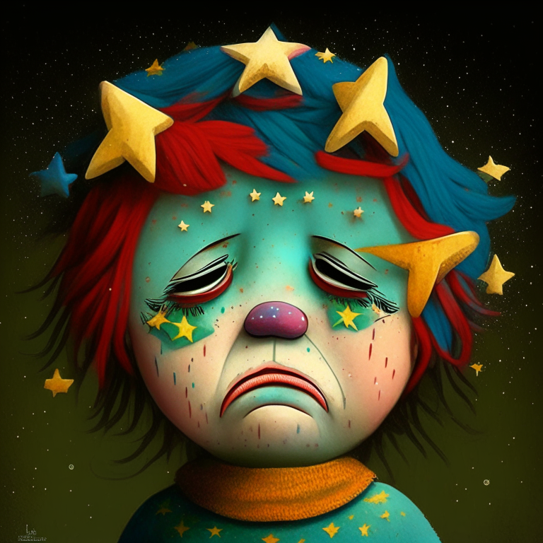 crying puppet boy with two stars in each of his cheeks, has two stars in each of his eyes, his hair is colorful