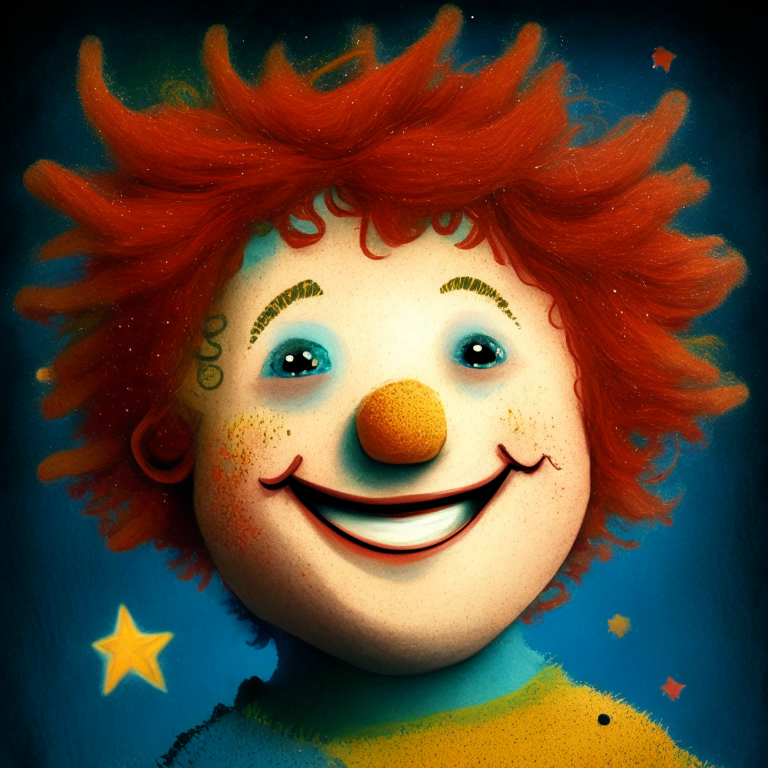 smiling puppet boy with two stars in each of his cheeks, in each of his eyes has one star, his hair is colorful