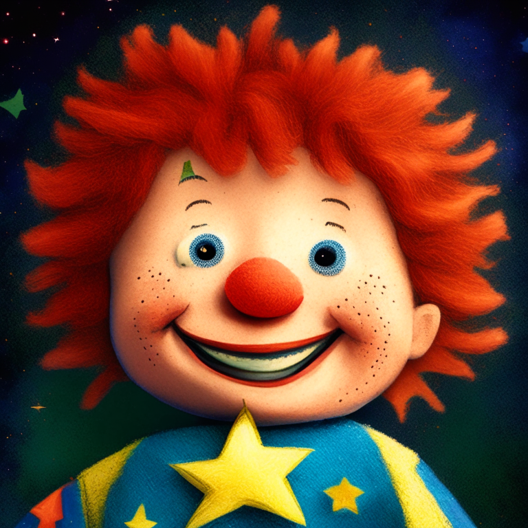 smiling puppet boy with two stars in each of his cheeks, in each of his eyes has one star, his hair is colorful