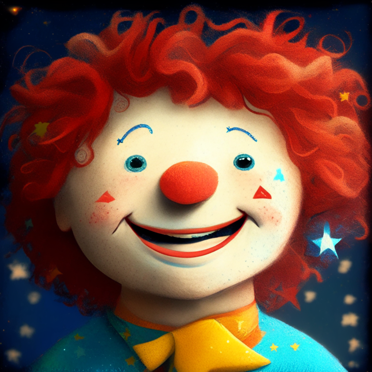 smiling puppet boy with two stars in each of his cheeks, in each of his eyes has one star, his hair is colorful