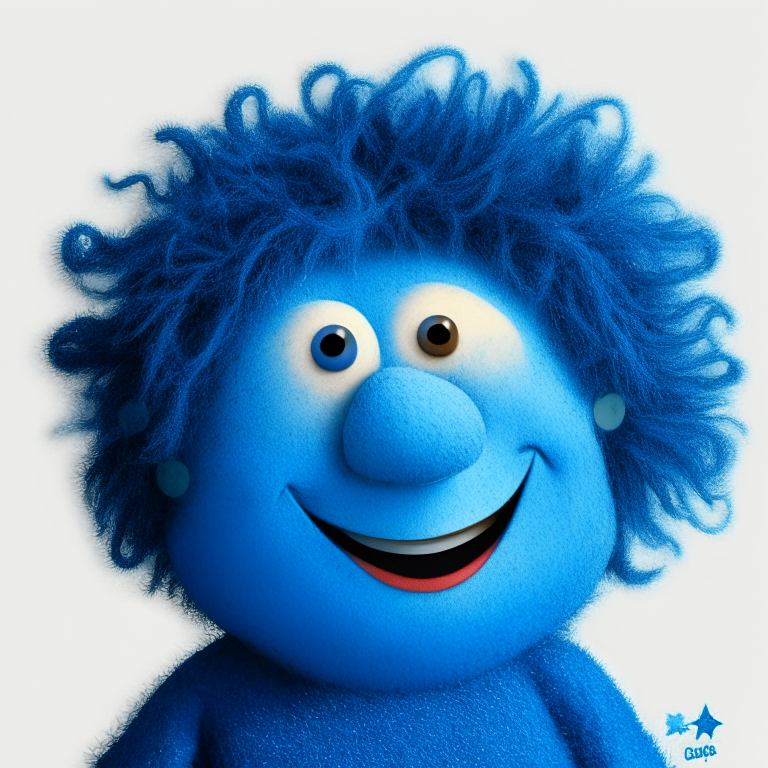 smiling blue puppet boy with two stars in each of his cheeks, in each of his eyes has one star, his hair is colorful